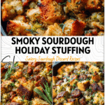 Smoky sourdough sausage stuffing with herbs baked to golden perfection in a cast iron pan 26